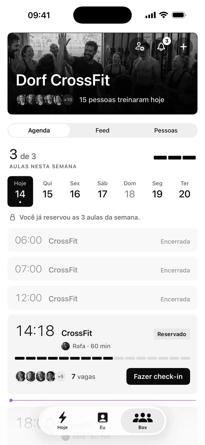 Agenda do box no app, com as aulas do dia, as vagas e a aula reservada