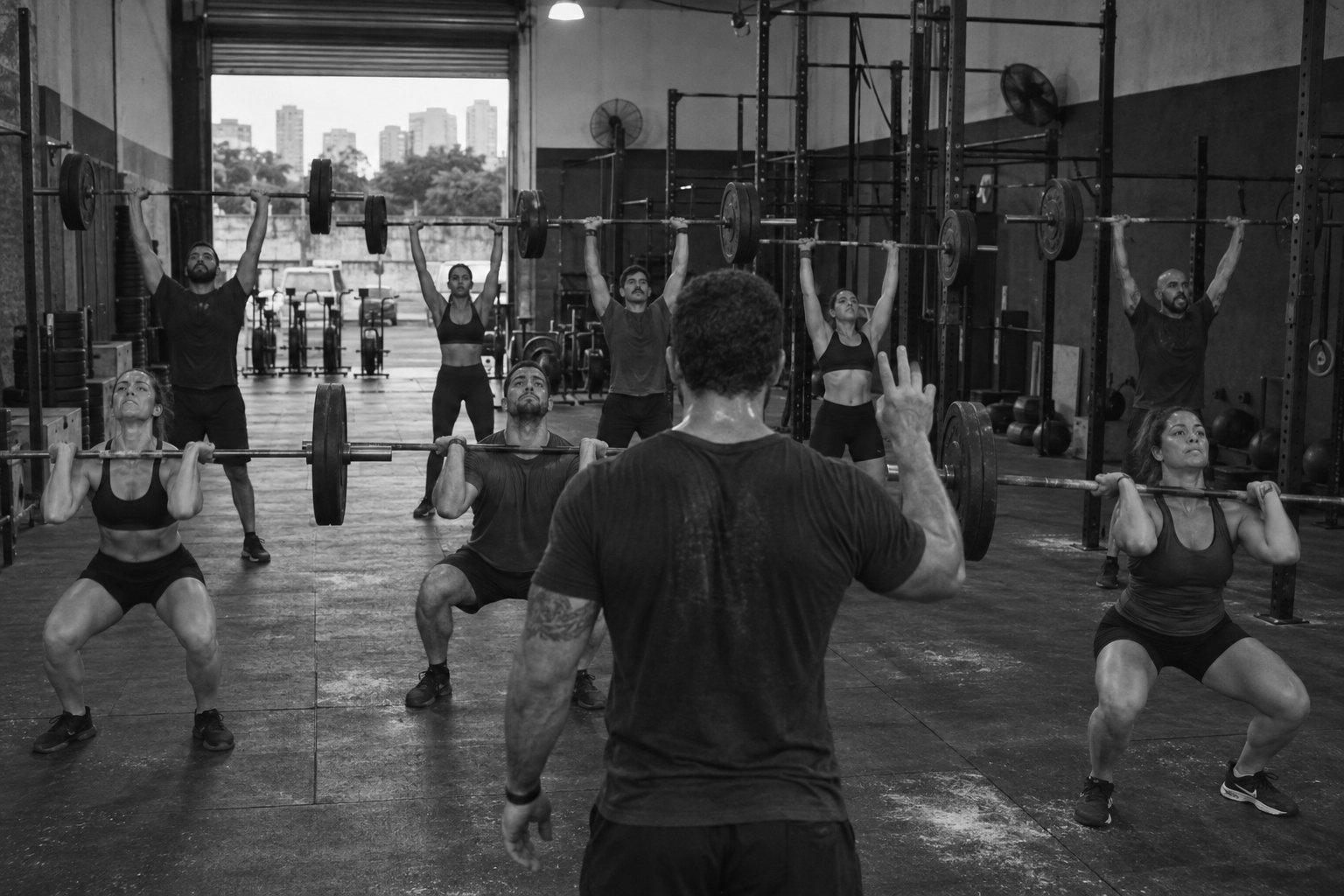 Turma do box no agachamento com a barra, com o coach de frente para ela