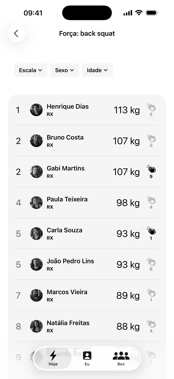 Placar do dia no app, com os resultados da turma e os filtros de escala, sexo e idade